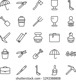Thin Line Icon Set - suitcase vector, umbrella, stamp, baggage larry, job, shovel, farm fork, bucket, pruner, axe, scalpel, fragile, themes, case, ladle, hard work