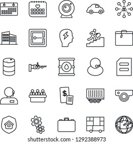 Thin Line Icon Set - suitcase vector, boarding, hierarchy, case, document, brainstorm, meeting, medical calendar, support, truck trailer, car delivery, consolidated cargo, oil barrel, scanner, gear