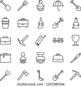 Thin Line Icon Set - suitcase vector, stamp, baggage larry, job, shovel, farm fork, bucket, axe, scalpel, fragile, umbrella, themes, case, ladle, hard work