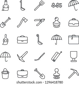 Thin Line Icon Set - suitcase vector, umbrella, stamp, baggage larry, job, shovel, farm fork, bucket, pruner, axe, scalpel, fragile, themes, case, ladle, hard work