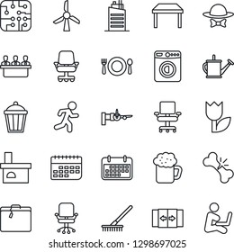 Thin Line Icon Set - suitcase vector, automatic door, washer, boarding, office chair, rake, watering can, garden light, fireplace, run, broken bone, term, tulip, meeting, table, city house, cafe