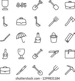 Thin Line Icon Set - suitcase vector, umbrella, baggage larry, job, shovel, farm fork, bucket, pruner, axe, scalpel, fragile, themes, case, ladle, hard work
