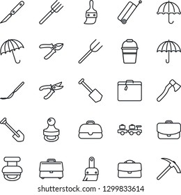 Thin Line Icon Set - suitcase vector, umbrella, baggage larry, job, farm fork, bucket, pruner, axe, scalpel, themes, case, stamp, hard work