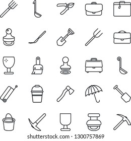 Thin Line Icon Set - suitcase vector, umbrella, stamp, job, shovel, farm fork, bucket, pruner, axe, scalpel, fragile, themes, case, ladle, hard work