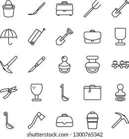 Thin Line Icon Set - suitcase vector, stamp, baggage larry, shovel, farm fork, bucket, pruner, axe, scalpel, fragile, umbrella, case, ladle, hard work