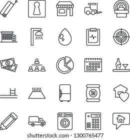 Thin Line Icon Set - suitcase vector, female, shop, washer, fork loader, pencil, water drop, fertilizer, tomography, pulse clipboard, cash, car delivery, calendar, pie graph, target, hierarchy, pool