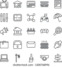 Thin Line Icon Set - suitcase vector, parking, umbrella, garden light, joint, molecule, railroad, term, warehouse, gamepad, settings, themes, lock, meeting, notebook pc, mail, house, plan, heater