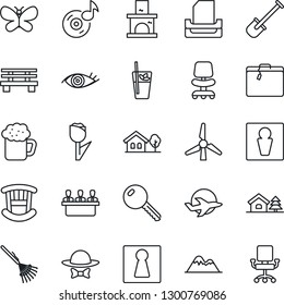 Thin Line Icon Set - suitcase vector, male, female, office chair, shovel, rake, butterfly, bench, fireplace, eye, plane, tulip, music, meeting, paper tray, house with tree, windmill, mountains, key