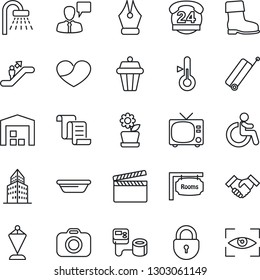 Thin Line Icon Set - suitcase vector, escalator, tv, disabled, shower, lock, speaking man, contract, pennant, boot, blood pressure, 24 hours, clapboard, camera, heart, office building, ink pen, bowl