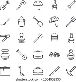 Thin Line Icon Set - suitcase vector, umbrella, stamp, baggage larry, job, shovel, farm fork, bucket, pruner, axe, scalpel, themes, ladle, case, hard work