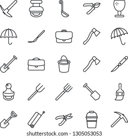 Thin Line Icon Set - suitcase vector, umbrella, job, shovel, farm fork, bucket, pruner, axe, scalpel, fragile, themes, case, stamp, ladle, hard work