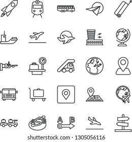 Thin Line Icon Set - suitcase vector, departure, arrival, baggage trolley, airport bus, train, globe, larry, ladder car, boarding, luggage scales, plane, building, navigation, sea shipping, route