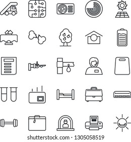 Thin Line Icon Set - suitcase vector, reception, ladder car, radar, boarding, document, drip irrigation, blood test vial, barbell, broken bone, support, warehouse storage, battery, case, printer