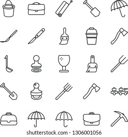 Thin Line Icon Set - suitcase vector, umbrella, stamp, baggage larry, job, farm fork, bucket, axe, scalpel, fragile, themes, case, ladle, hard work