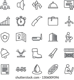Thin Line Icon Set - suitcase vector, alarm clock, baggage larry, office building, growth statistic, boot, saw, water drop, garden knife, route, bell, hierarchy, contract, manager, dish, wine card