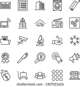 Thin Line Icon Set - suitcase vector, baggage trolley, wireless notebook, office building, medal, microscope, barcode, flame disk, radio, touch screen, menu, cut, document folder, abacus, pen, group