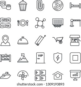 Thin Line Icon Set - suitcase vector, barrier, checkroom, ripper, wheelbarrow, well, garden light, molecule, blood pressure, hospital bed, pin, sea shipping, truck trailer, warehouse storage, rack