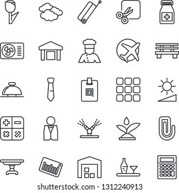 Thin Line Icon Set - suitcase vector, reception bell, clouds, calculator, bench, pills bottle, plane, tulip, warehouse, barcode, menu, brightness, cut, paper clip, identity card, tie, table, waiter
