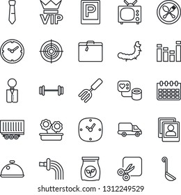 Thin Line Icon Set - suitcase vector, parking, spoon and fork, vip, calendar, garden, watering, caterpillar, fertilizer, blood pressure, barbell, truck trailer, car delivery, equalizer, clock, cut
