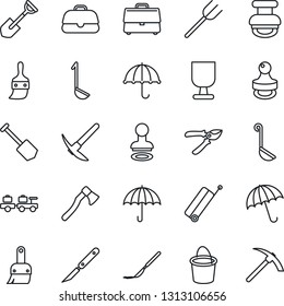 Thin Line Icon Set - suitcase vector, umbrella, stamp, baggage larry, job, shovel, farm fork, bucket, pruner, axe, scalpel, fragile, themes, case, ladle, hard work