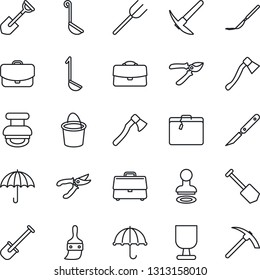 Thin Line Icon Set - suitcase vector, stamp, job, shovel, farm fork, bucket, pruner, axe, scalpel, fragile, umbrella, themes, case, ladle, hard work