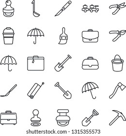Thin Line Icon Set - suitcase vector, umbrella, stamp, baggage larry, job, shovel, bucket, pruner, axe, scalpel, themes, case, ladle, hard work