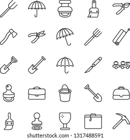 Thin Line Icon Set - suitcase vector, umbrella, stamp, baggage larry, job, shovel, farm fork, bucket, pruner, axe, scalpel, fragile, themes, case, hard work