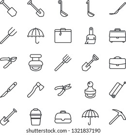 Thin Line Icon Set - suitcase vector, job, shovel, farm fork, bucket, pruner, axe, scalpel, umbrella, themes, case, stamp, ladle, hard work