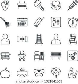 Thin Line Icon Set - suitcase vector, airport bus, automatic door, elevator, signpost, baby, desk, rake, ladder, butterfly, bench, pumpkin, syringe, heart hand, real, user, alarm, cut, calendar, key
