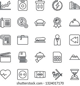 Thin Line Icon Set - suitcase vector, automatic door, waiting area, medal, heart pulse, clapboard, speaker, rewind, sim, charge, office phone, book, stapler, mountains, building, waiter, dish, sushi