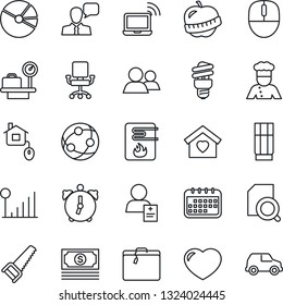 Thin Line Icon Set - suitcase vector, wireless notebook, luggage scales, mouse, saw, diet, patient, cash, network, speaker, group, heart, alarm, cellular signal, pie graph, document search, cook