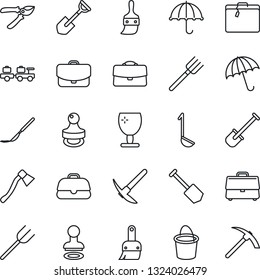 Thin Line Icon Set - suitcase vector, umbrella, stamp, baggage larry, job, shovel, farm fork, bucket, pruner, axe, scalpel, fragile, themes, case, ladle, hard work