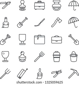 Thin Line Icon Set - suitcase vector, umbrella, stamp, job, shovel, farm fork, bucket, pruner, axe, scalpel, fragile, themes, case, hard work