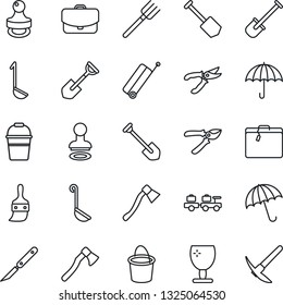 Thin Line Icon Set - suitcase vector, umbrella, stamp, baggage larry, job, shovel, farm fork, bucket, pruner, axe, scalpel, fragile, themes, ladle, case, hard work