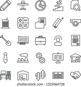Thin Line Icon Set - suitcase vector, calculator, desk, tie, job, factory, pencil, circle chart, truck trailer, warehouse, barcode, data exchange, case, presentation board, document folder, search