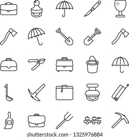 Thin Line Icon Set - suitcase vector, umbrella, baggage larry, job, shovel, farm fork, bucket, pruner, axe, scalpel, fragile, themes, case, stamp, ladle, hard work