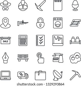 Thin Line Icon Set - suitcase vector, boarding, notepad, factory, bench, pin, client, satellite antenna, touch screen, laptop pc, scanner, lock, ink pen, checklist, paper tray, sale, moving, washer