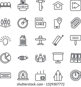 Thin Line Icon Set - suitcase vector, waiting area, reception, tie, printer, plant label, eye, mobile tracking, warehouse storage, fast forward, presentation board, paper clip, pie graph, news, mail