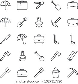 Thin Line Icon Set - suitcase vector, umbrella, job, shovel, farm fork, bucket, pruner, axe, scalpel, themes, case, stamp, ladle, hard work