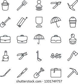 Thin Line Icon Set - suitcase vector, umbrella, stamp, baggage larry, shovel, farm fork, bucket, pruner, axe, scalpel, fragile, themes, case, ladle, hard work