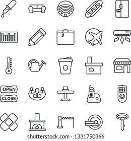 Thin Line Icon Set - suitcase vector, barrier, shop, coffee, pencil, watering can, fireplace, dropper, patch, tomography, plane, barcode, radio phone, company, cushioned furniture, air conditioner
