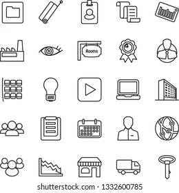 Thin Line Icon Set - suitcase vector, shop, seat map, contract, office building, medal, bulb, eye, client, car delivery, term, clipboard, barcode, network, laptop pc, group, play button, user, rooms