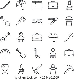 Thin Line Icon Set - suitcase vector, umbrella, stamp, baggage larry, job, shovel, farm fork, bucket, pruner, axe, scalpel, fragile, themes, case, ladle, hard work