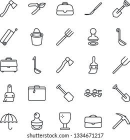 Thin Line Icon Set - suitcase vector, stamp, baggage larry, job, shovel, farm fork, bucket, pruner, axe, scalpel, fragile, umbrella, themes, case, ladle, hard work
