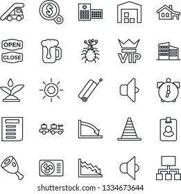 Thin Line Icon Set - suitcase vector, vip, baggage larry, ladder car, border cone, document, sun, hospital, virus, speaker, alarm, house with garage, warehouse, office building, air conditioner, ham