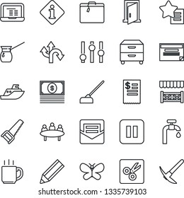 Thin Line Icon Set - suitcase vector, notebook pc, meeting, saw, butterfly, hoe, route, sea shipping, settings, favorites list, pause button, mail, cut, coffee, archive box, pencil, water supply