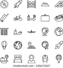 Thin Line Icon Set - suitcase vector, train, globe, ladder car, plane, flight table, luggage storage, scales, case, bike, navigation, earth, pin, sea shipping, route, compass, mountains, bedroom