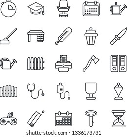 Thin Line Icon Set - suitcase vector, pennant, office binder, graduate, desk, calendar, printer, fence, watering can, hoe, axe, stethoscope, dropper, thermometer, fragile, gamepad, stopwatch, knife