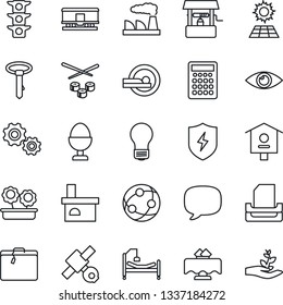 Thin Line Icon Set - suitcase vector, bulb, factory, well, fireplace, bird house, tomography, hospital bed, eye, satellite, traffic light, railroad, network, message, protect, paper tray, sun panel