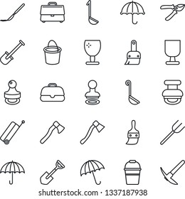 Thin Line Icon Set - suitcase vector, umbrella, stamp, shovel, farm fork, bucket, pruner, axe, scalpel, fragile, themes, case, ladle, hard work